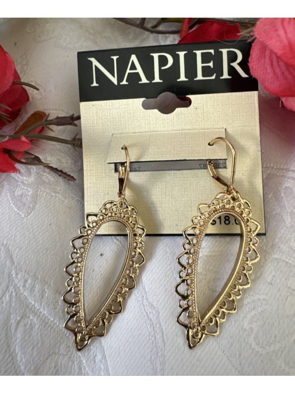 Napier Filigree Textured Long Oval Hoop Earrings Goldtone 1.25" NEW